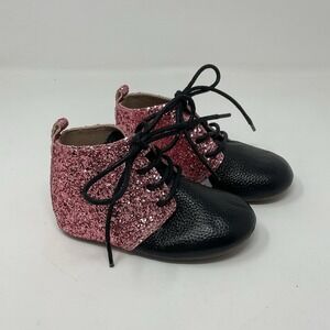 Monkey Feet Shoes Boots Baby Toddler 18-24 M Pink Glitter Black Leather Lace Up